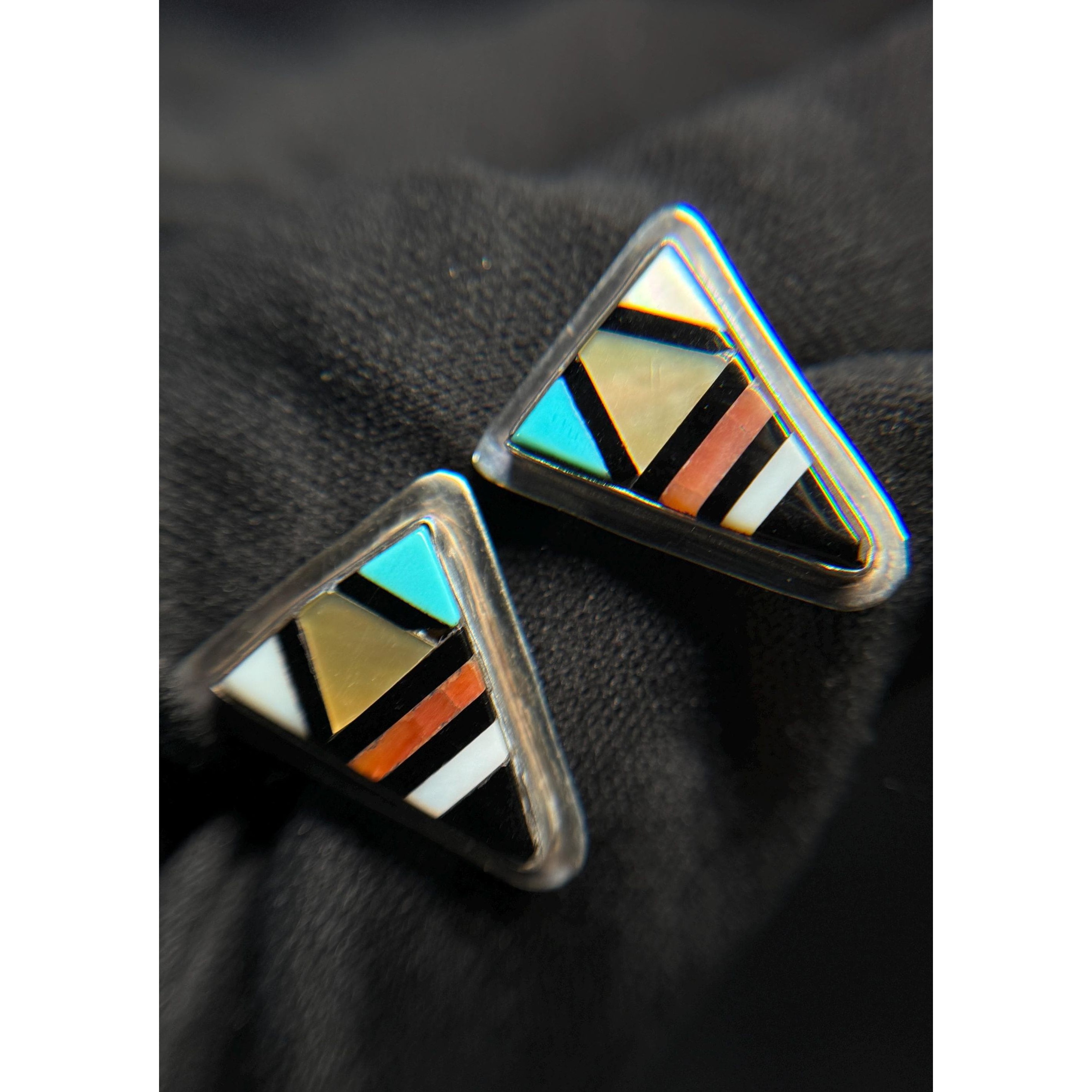 Zuni Sterling Silver Inlay Triangle Stud Earrings Turquoise Coral Mop Onyx